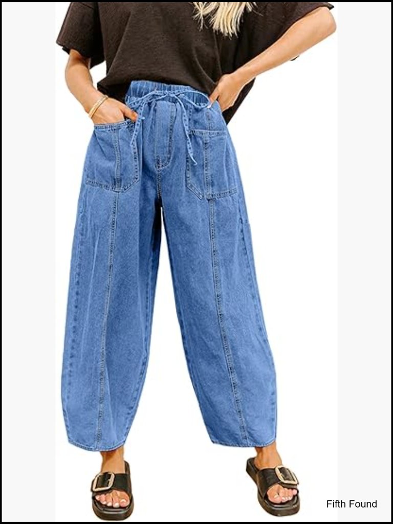 Womens Baggy Wide Leg Jeans Elastic Waist Drawstring High Waisted Barrel Jeans